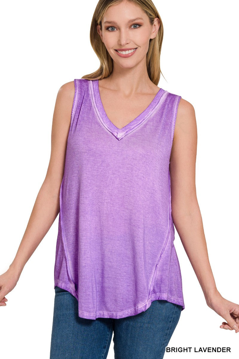 Zenana Washed V-Neck HI-Low Hem Sleeveless Tank