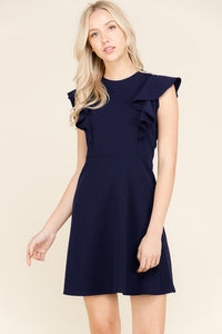 Navy Ruffle Sleeve A-Line Dress