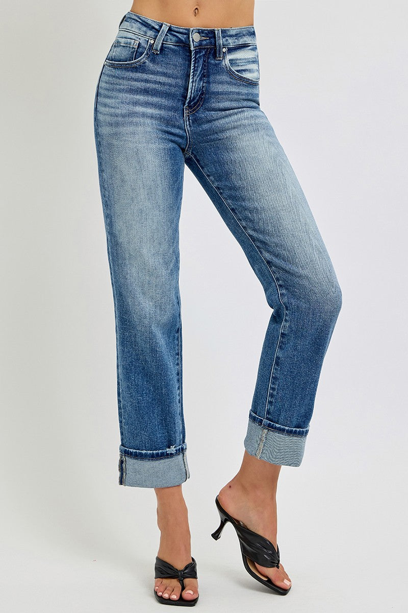 Risen Straight Leg Cropped Roll-Up Jeans