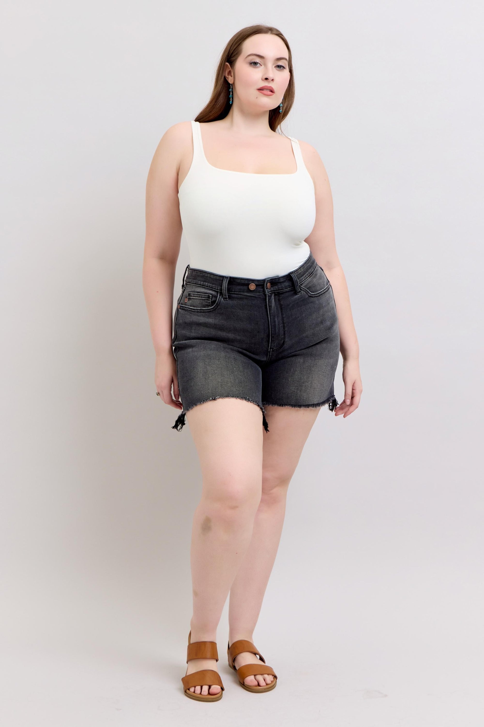 Judy Blue Long 2 Button Dad Shorts - Black 15286
