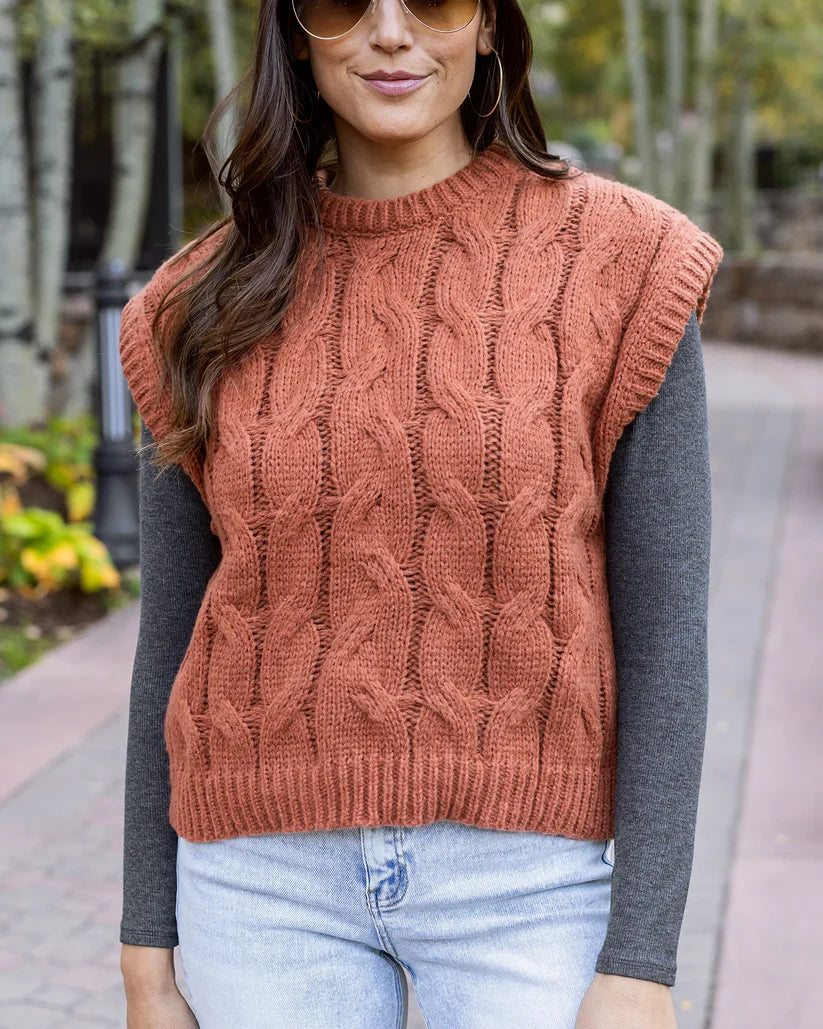 Grace & Lace Cabled Knit Sweater Vest - Cider