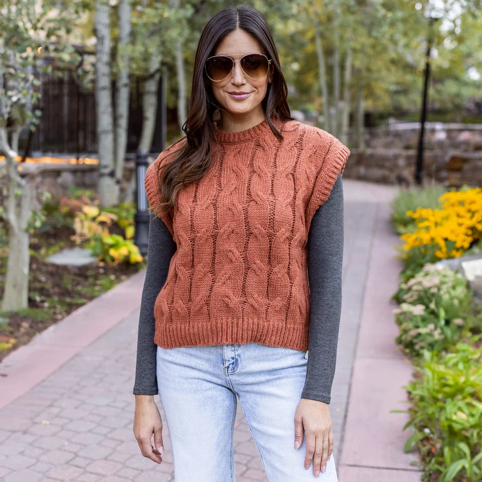 Grace & Lace Cabled Knit Sweater Vest - Cider