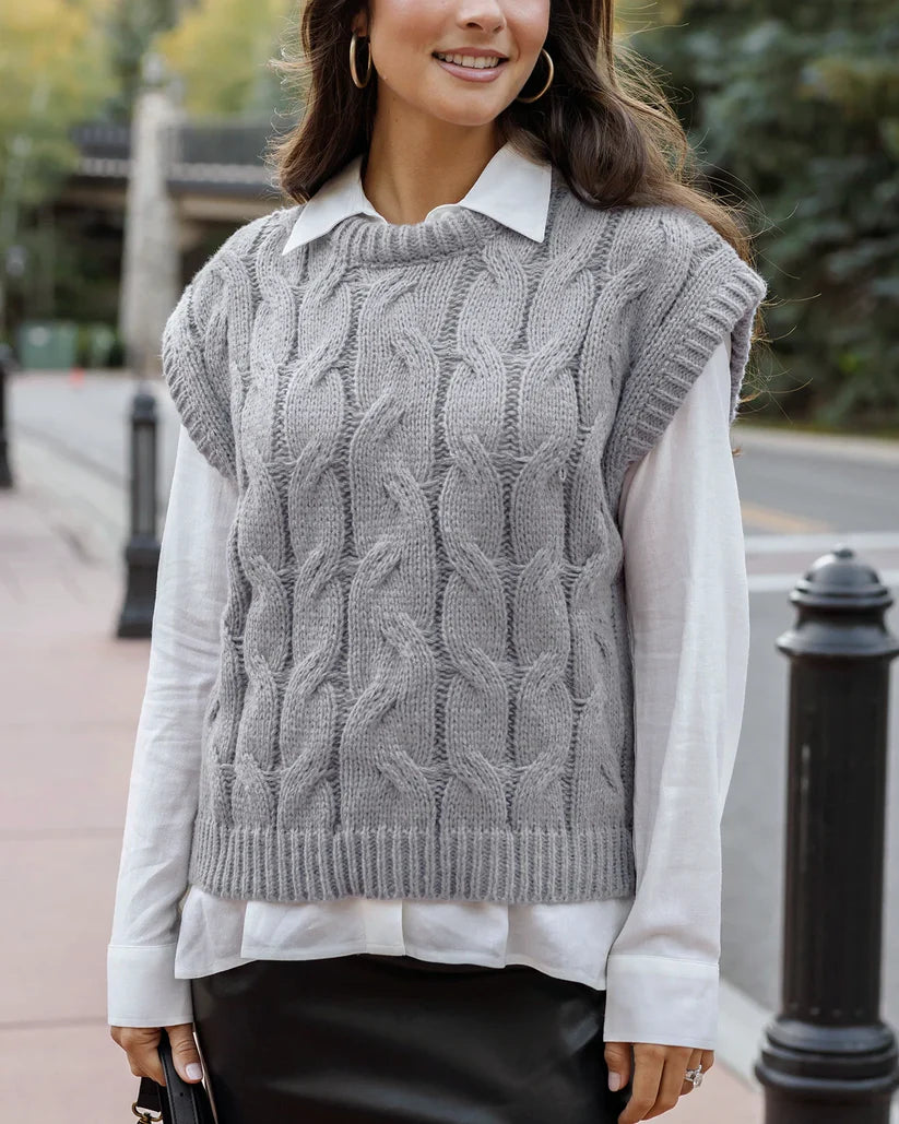 Grace & Lace Cabled Knit Sweater Vest - Light Grey