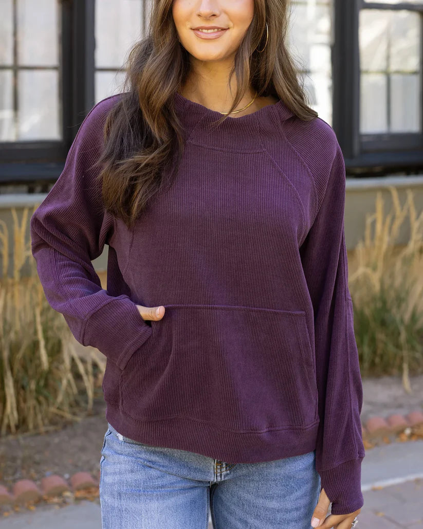 Grace & Lace Corded Pullover Hoodie - Aubergine