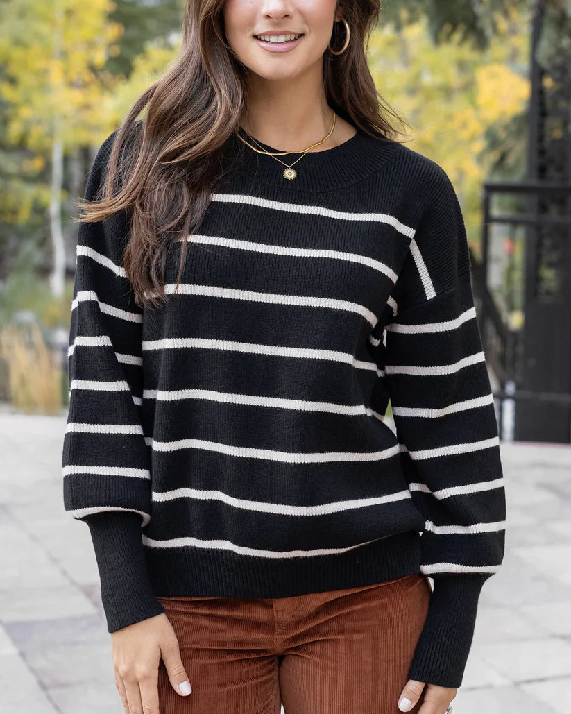 Grace & Lace Crew Neck Striped Sweater - Black