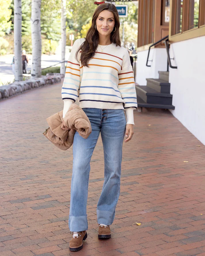 Grace & Lace Crew Neck Striped Sweater - Ivory