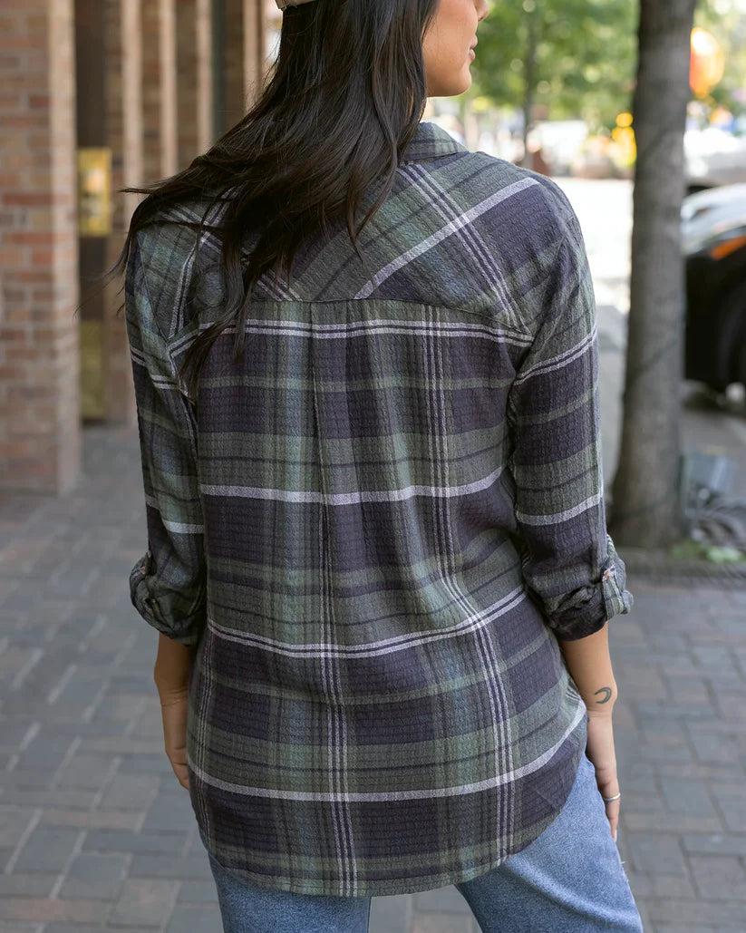 Grace & Lace Favorite Button Up Top - Olive Plaid