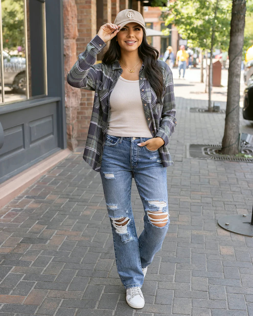 Grace & Lace Favorite Button Up Top - Olive Plaid