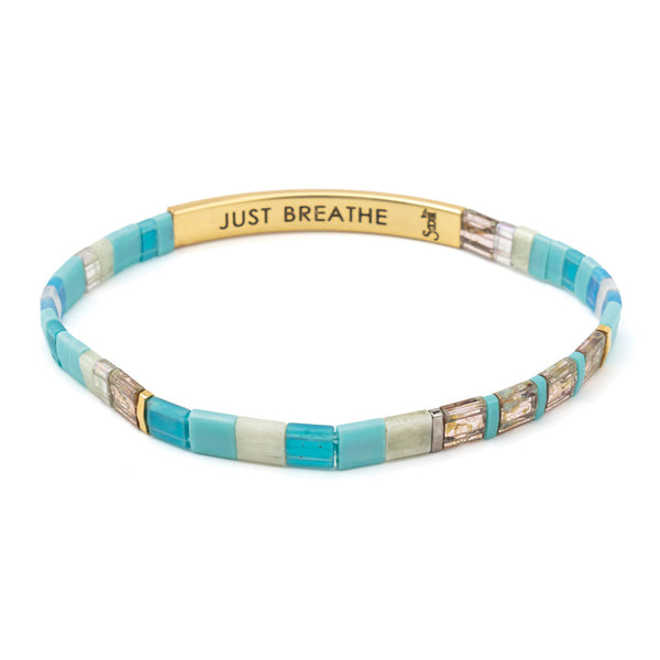 Scout Curated Wears Good Karma Miyuki Bracelet Tonal Turquoise Gold Just Breathe