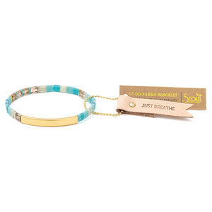 Scout Curated Wears Good Karma Miyuki Bracelet Tonal Turquoise Gold Just Breathe