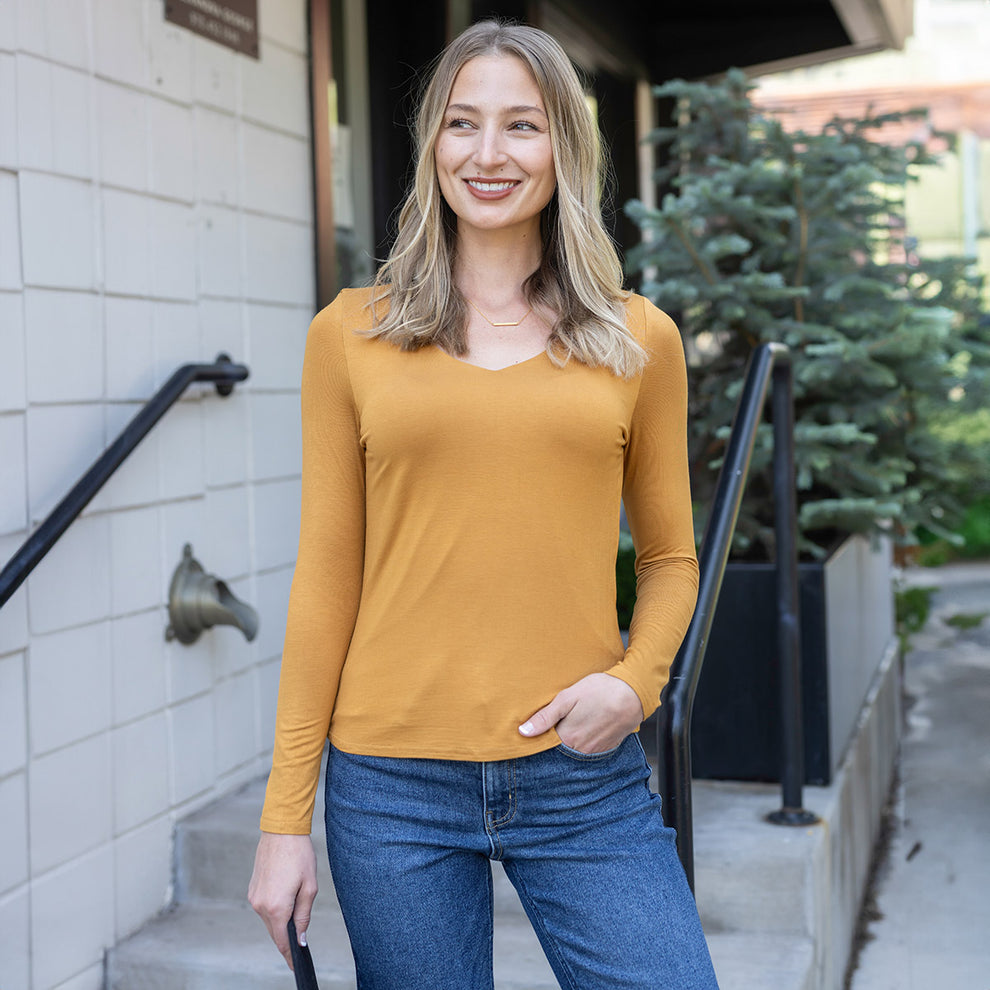 Grace & Lace Modal Long Sleeve V-Neck Mustard