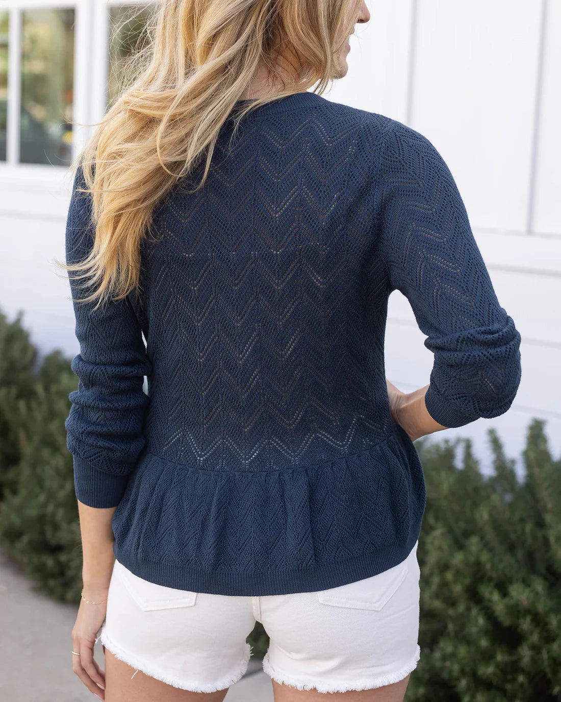 Grace & Lace Pointelle Peplum Cardigan - Deep Sea