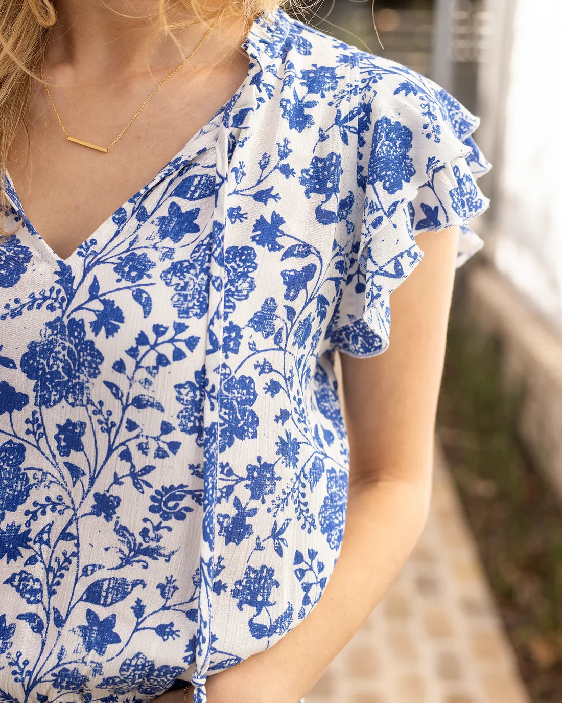Grace & Lace Ruffle Sleeve Smocked Waist Top - Toile Print