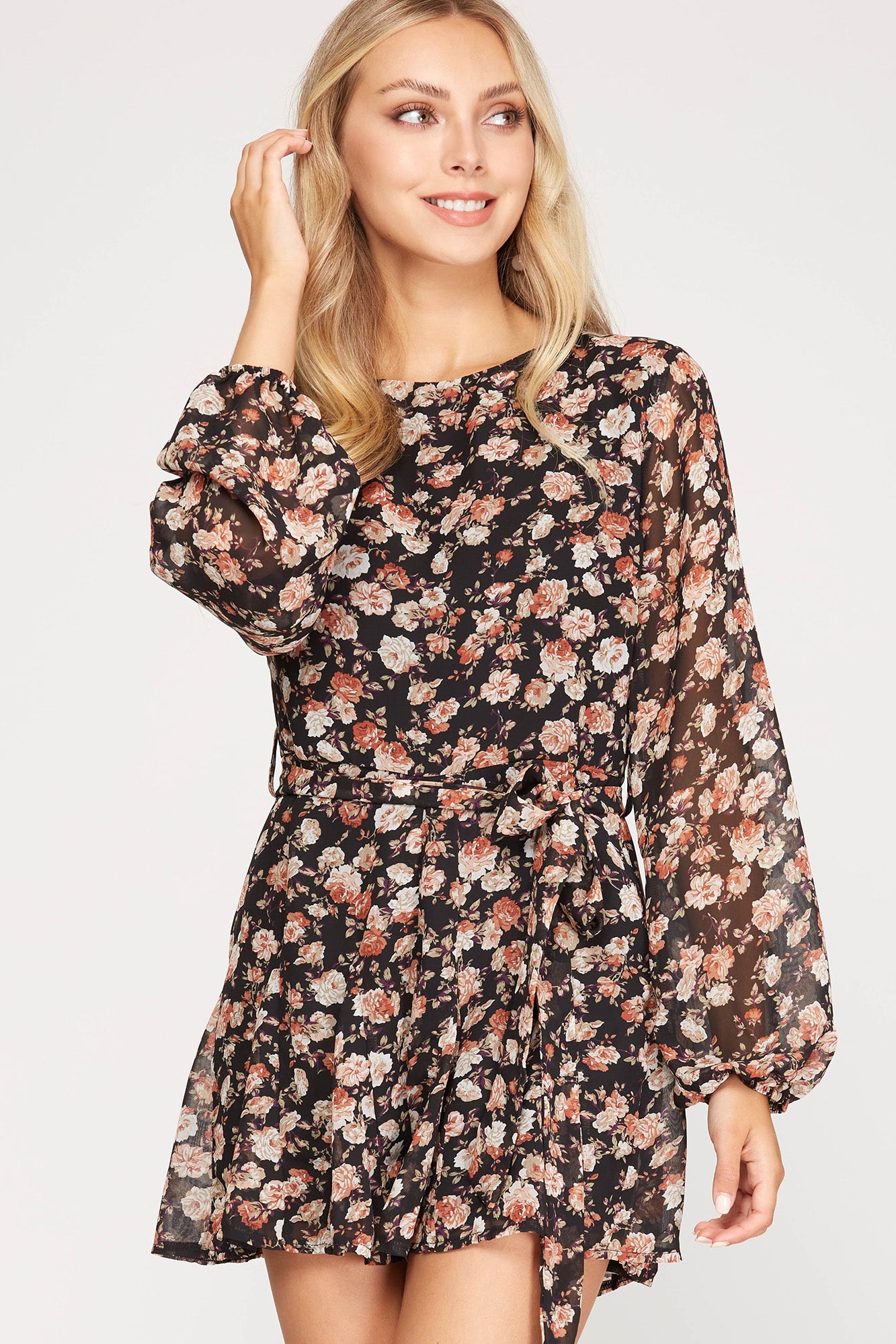 She & Sky Long Sleeve Floral Print Romper