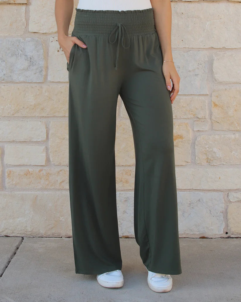Grace & Lace Smocked Wide Leg Pants - Olive