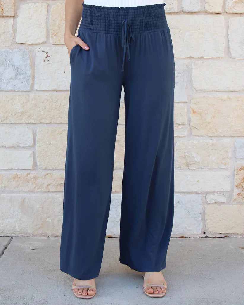 Grace & Lace Smocked Wide Leg Pants - Smoke Blue