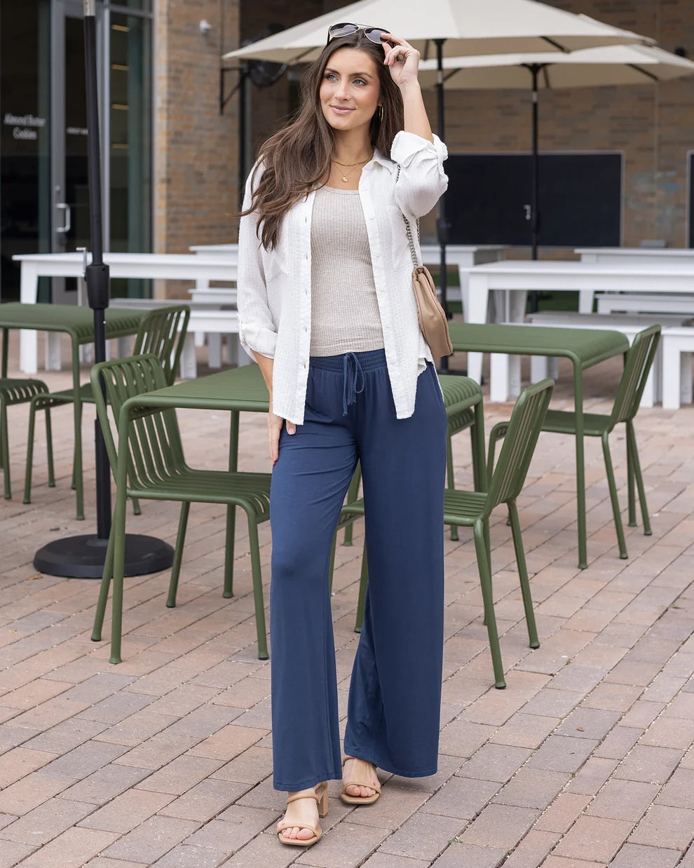 Grace & Lace Smocked Wide Leg Pants - Smoke Blue