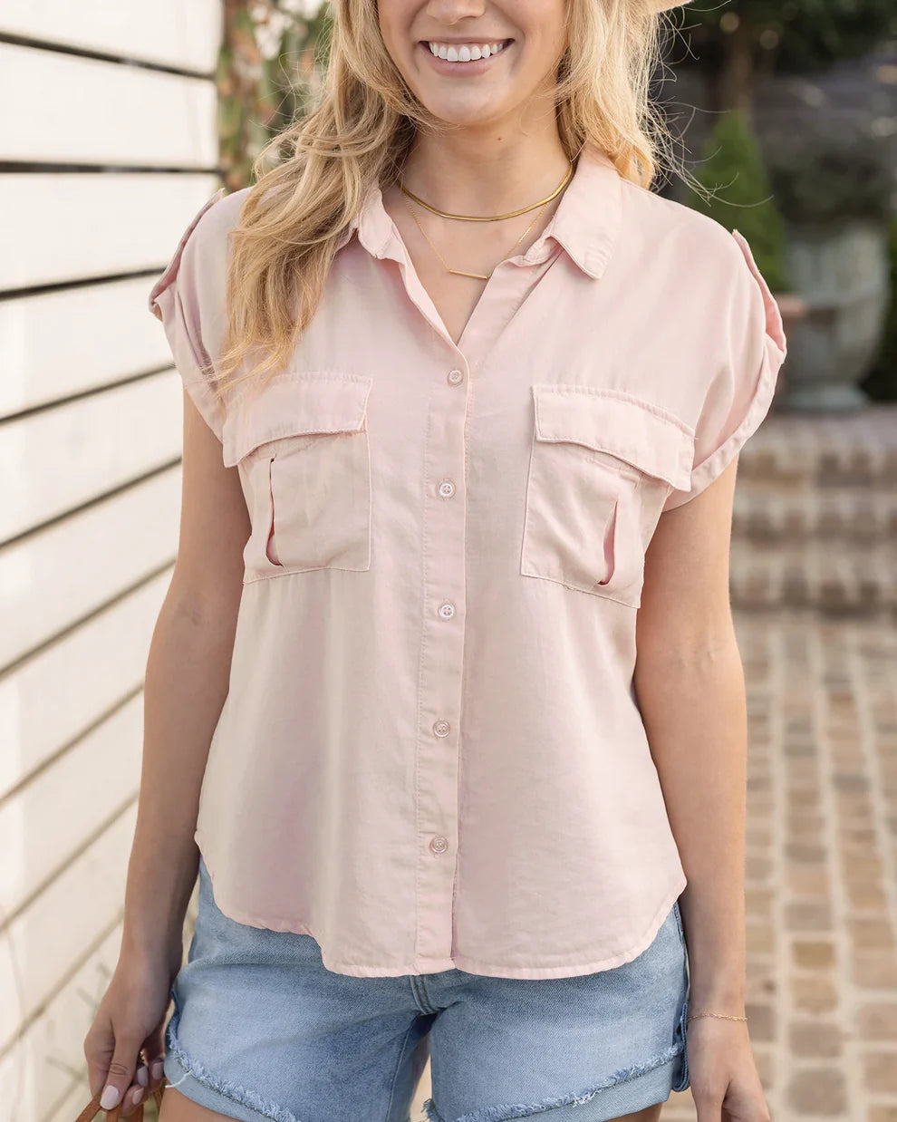 Grace & Lace Tencel Lyocell Button Utility Top - Blush