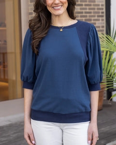 Grace & Lace Two-Toned Puff Sleeve Top - Dusty Blue