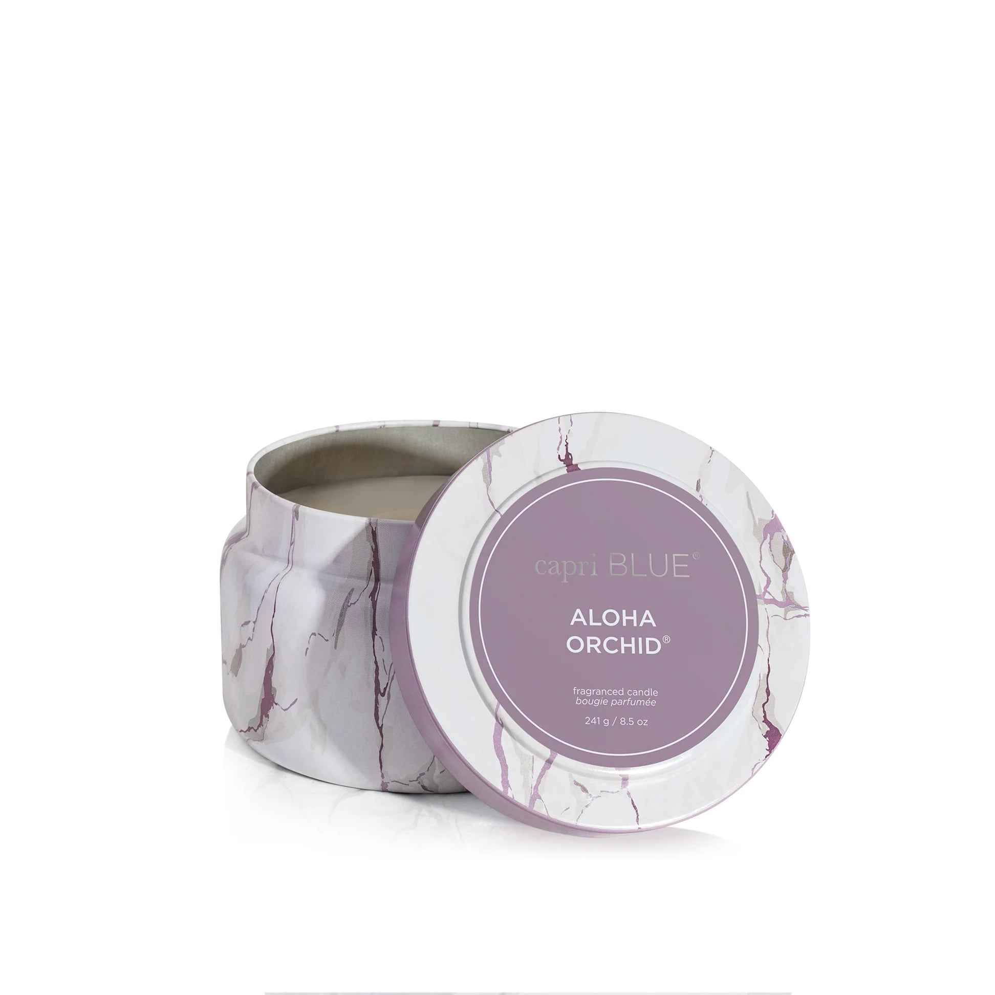 Capri Blue Modern Marble Printed Tin Candle - Aloha Orchid